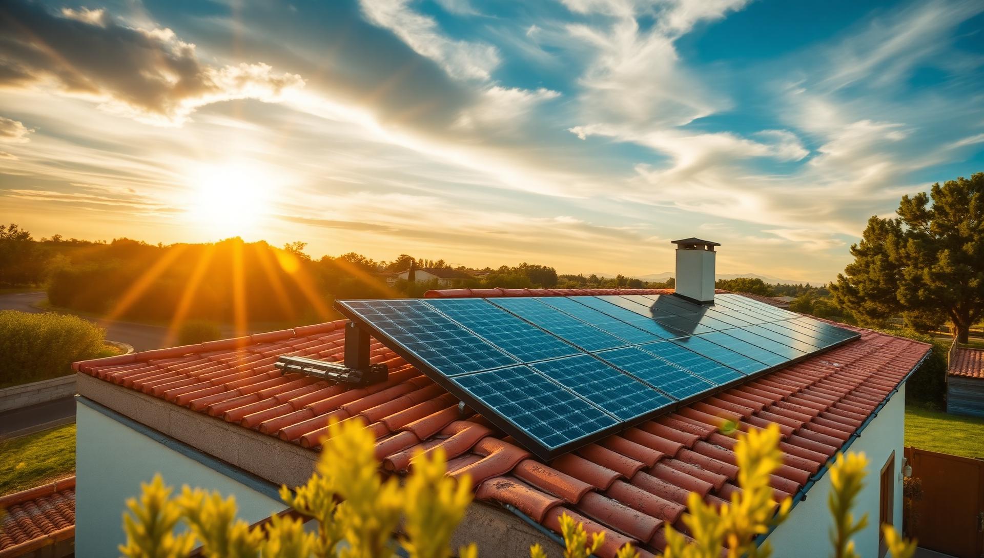 Instalación de placas solares en tejado al atardecer